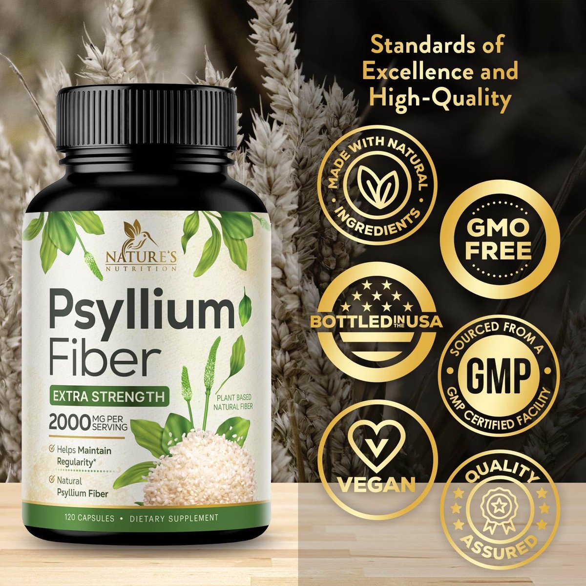 Psyllium-Schalenpulver 2000 mg pro Portion – Extra starkes Psyllium-Faserpulver – Natürliche lösliche Ballaststoffpillen für Verdauung, Darmgesundheit & Regelmäßigkeit – in den USA abgefüllt – 120 Kapseln
