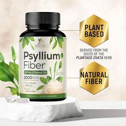 Psyllium-Schalenpulver 2000 mg pro Portion – Extra starkes Psyllium-Faserpulver – Natürliche lösliche Ballaststoffpillen für Verdauung, Darmgesundheit & Regelmäßigkeit – in den USA abgefüllt – 120 Kapseln
