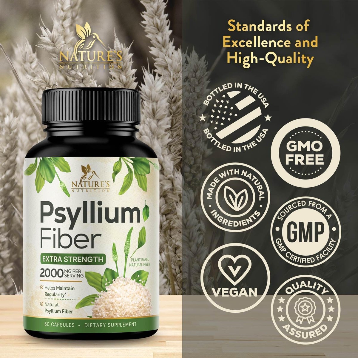 Psyllium-Faserpulver 2000mg pro Portion – Extra starke Psyllium-Faserkapseln – Natürliche lösliche Ballaststoffe zur Unterstützung der Verdauung, Darmgesundheit & Regelmäßigkeit – Hergestellt in USA – 60 Kapseln