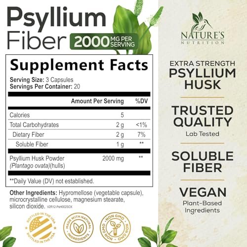 Psyllium-Faserpulver 2000mg pro Portion – Extra starke Psyllium-Faserkapseln – Natürliche lösliche Ballaststoffe zur Unterstützung der Verdauung, Darmgesundheit & Regelmäßigkeit – Hergestellt in USA – 60 Kapseln
