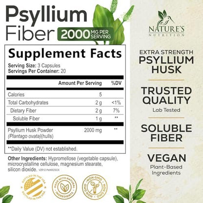 Psyllium-Faserpulver 2000mg pro Portion – Extra starke Psyllium-Faserkapseln – Natürliche lösliche Ballaststoffe zur Unterstützung der Verdauung, Darmgesundheit & Regelmäßigkeit – Hergestellt in USA – 60 Kapseln