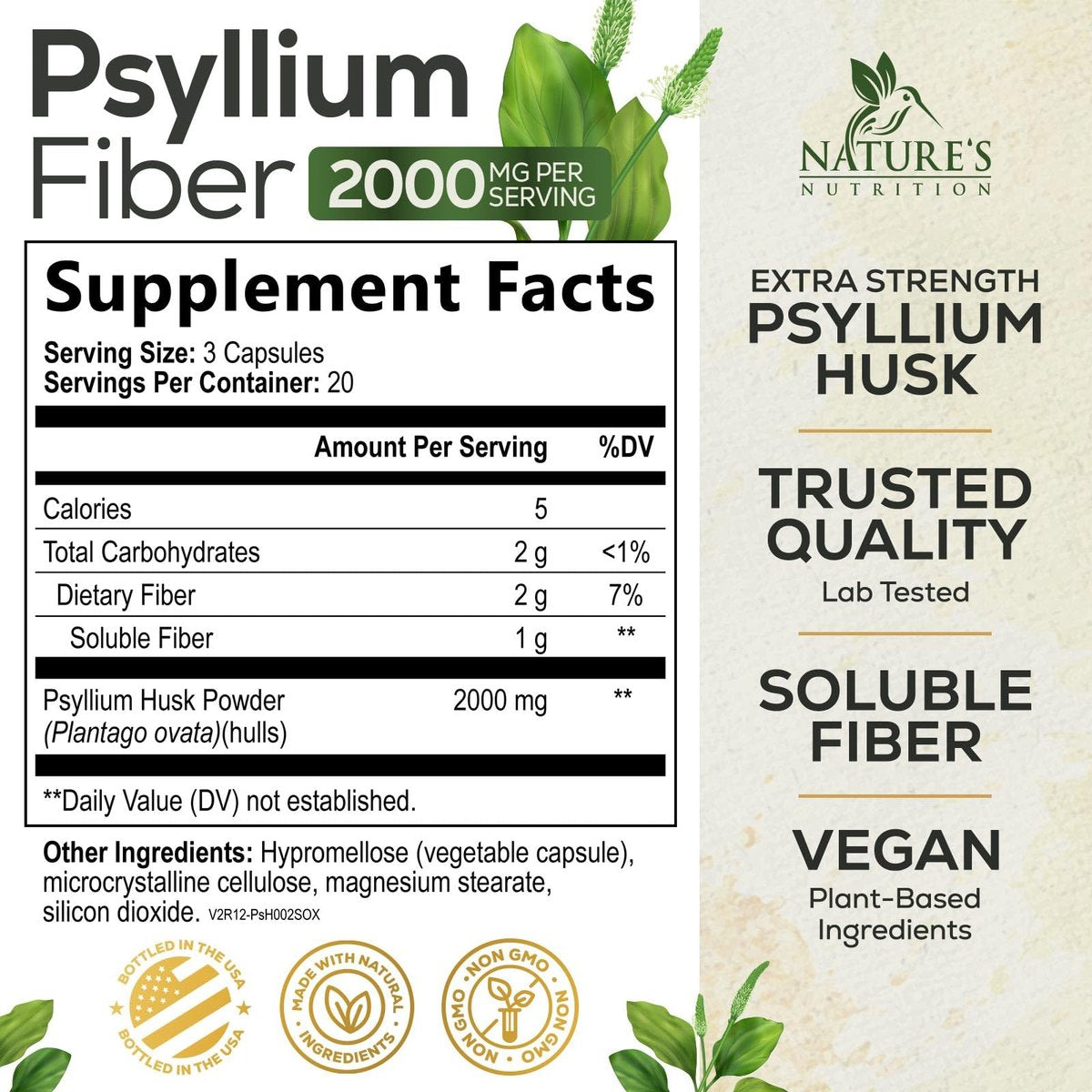 Psyllium-Faserpulver 2000mg pro Portion – Extra starke Psyllium-Faserkapseln – Natürliche lösliche Ballaststoffe zur Unterstützung der Verdauung, Darmgesundheit & Regelmäßigkeit – Hergestellt in USA – 60 Kapseln