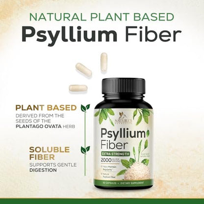 Psyllium-Faserpulver 2000mg pro Portion – Extra starke Psyllium-Faserkapseln – Natürliche lösliche Ballaststoffe zur Unterstützung der Verdauung, Darmgesundheit & Regelmäßigkeit – Hergestellt in USA – 60 Kapseln