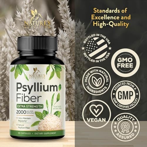 Psyllium-Faserpulver 2000mg pro Portion – Extra starke Psyllium-Faserkapseln – Natürliche lösliche Ballaststoffe zur Unterstützung der Verdauung, Darmgesundheit & Regelmäßigkeit – Hergestellt in USA – 60 Kapseln