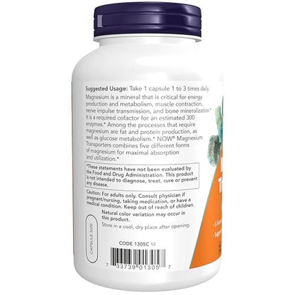 NOW Foods Magnesium Transporters – 5 Formen von Magnesium für optimale Bioverfügbarkeit, 180 vegane Kapseln