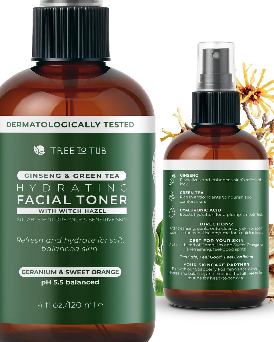 Tree To Tub Feuchtigkeitsspendendes Gesichtstonerspray für trockene & empfindliche Haut – Alkoholfreie Hamamelis & Rosenwasser Gesichtsmaske für Frauen & Männer mit Hyaluronsäure, Vitamin C, Bio-Grüntee, natürlichem Ginseng