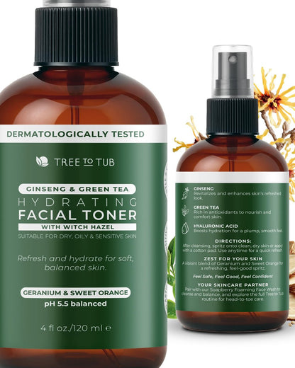 Tree To Tub Feuchtigkeitsspendendes Gesichtstonerspray für trockene & empfindliche Haut – Alkoholfreie Hamamelis & Rosenwasser Gesichtsmaske für Frauen & Männer mit Hyaluronsäure, Vitamin C, Bio-Grüntee, natürlichem Ginseng