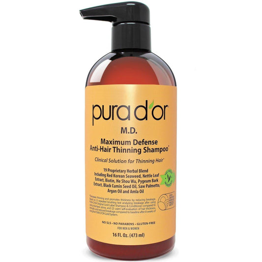 PURA D'OR 16 Oz MD Anti-Hair Thinning Maximum Defense Shampoo - 0,5% Kohlenteer, Biotin, Kräutermischung für trockene & juckende Kopfhaut, ohne Sulfate - für Männer & Frauen