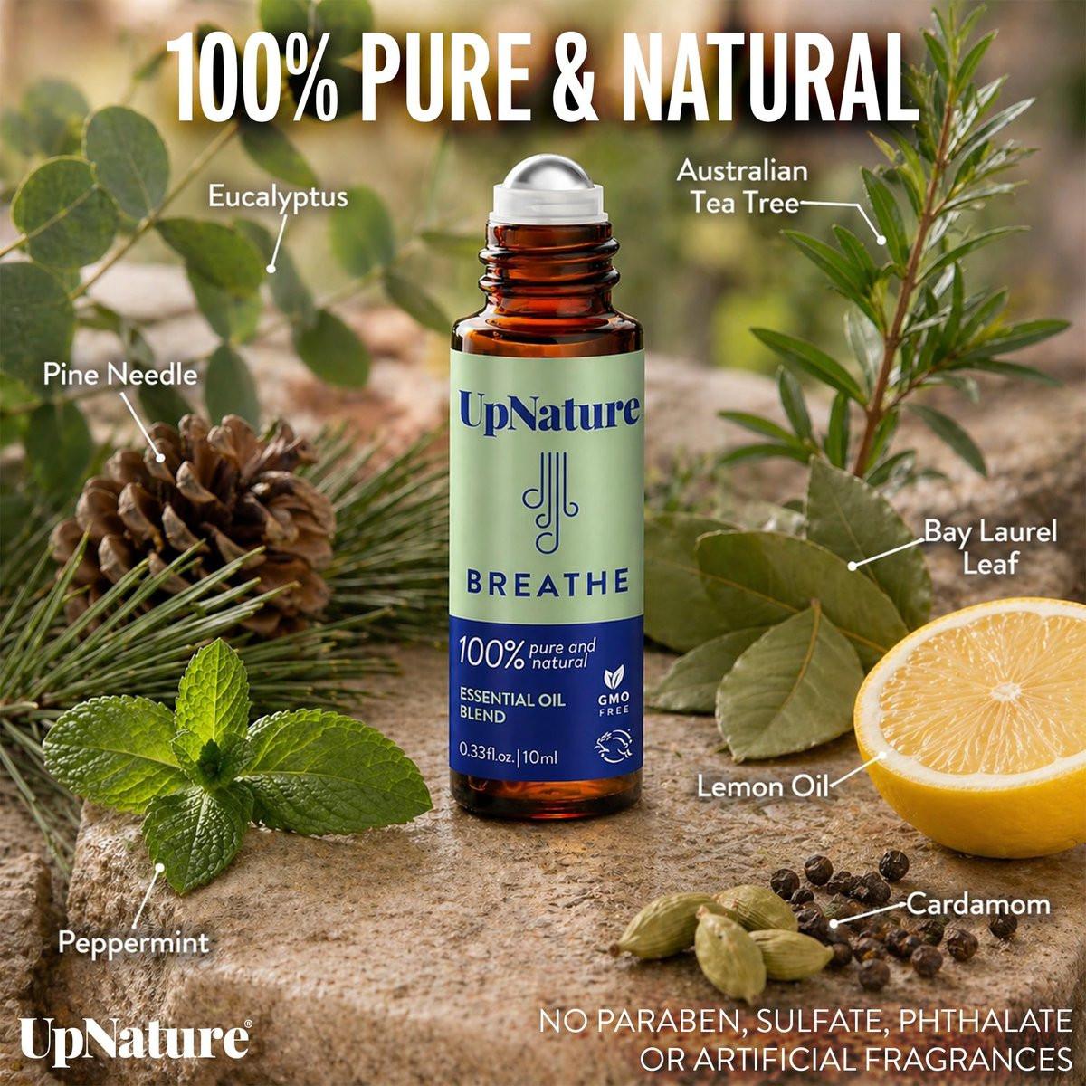 UpNature Breathe Essential Oil Roll On – Atemunterstützung natürlich – Premium Qualität mit Pfefferminze, Teebaum & Eukalyptus