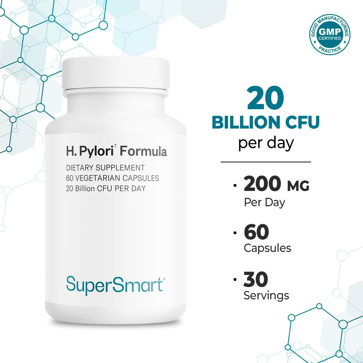 Supersmart H. Pylori Formula 20 Milliarden KBE pro Tag – Natürliches probiotisches Lactobacillus Reuteri DSM 17648 Nahrungsergänzungsmittel | Non-GMO & Glutenfrei – 60 vegane Kapseln
