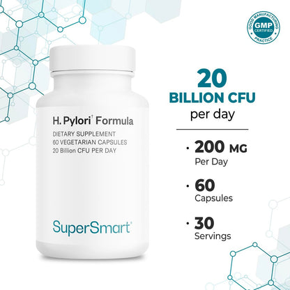 Supersmart H. Pylori Formula 20 Milliarden KBE pro Tag – Natürliches probiotisches Lactobacillus Reuteri DSM 17648 Nahrungsergänzungsmittel | Non-GMO & Glutenfrei – 60 vegane Kapseln