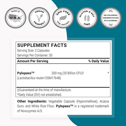 Supersmart H. Pylori Formula 20 Milliarden KBE pro Tag – Natürliches probiotisches Lactobacillus Reuteri DSM 17648 Nahrungsergänzungsmittel | Non-GMO & Glutenfrei – 60 vegane Kapseln