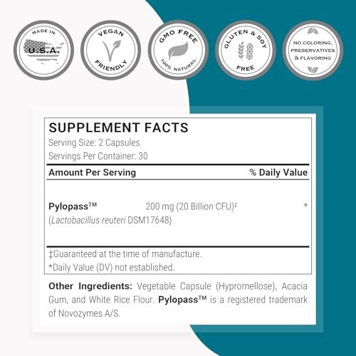 Supersmart H. Pylori Formula 20 Milliarden KBE pro Tag – Natürliches probiotisches Lactobacillus Reuteri DSM 17648 Nahrungsergänzungsmittel | Non-GMO & Glutenfrei – 60 vegane Kapseln