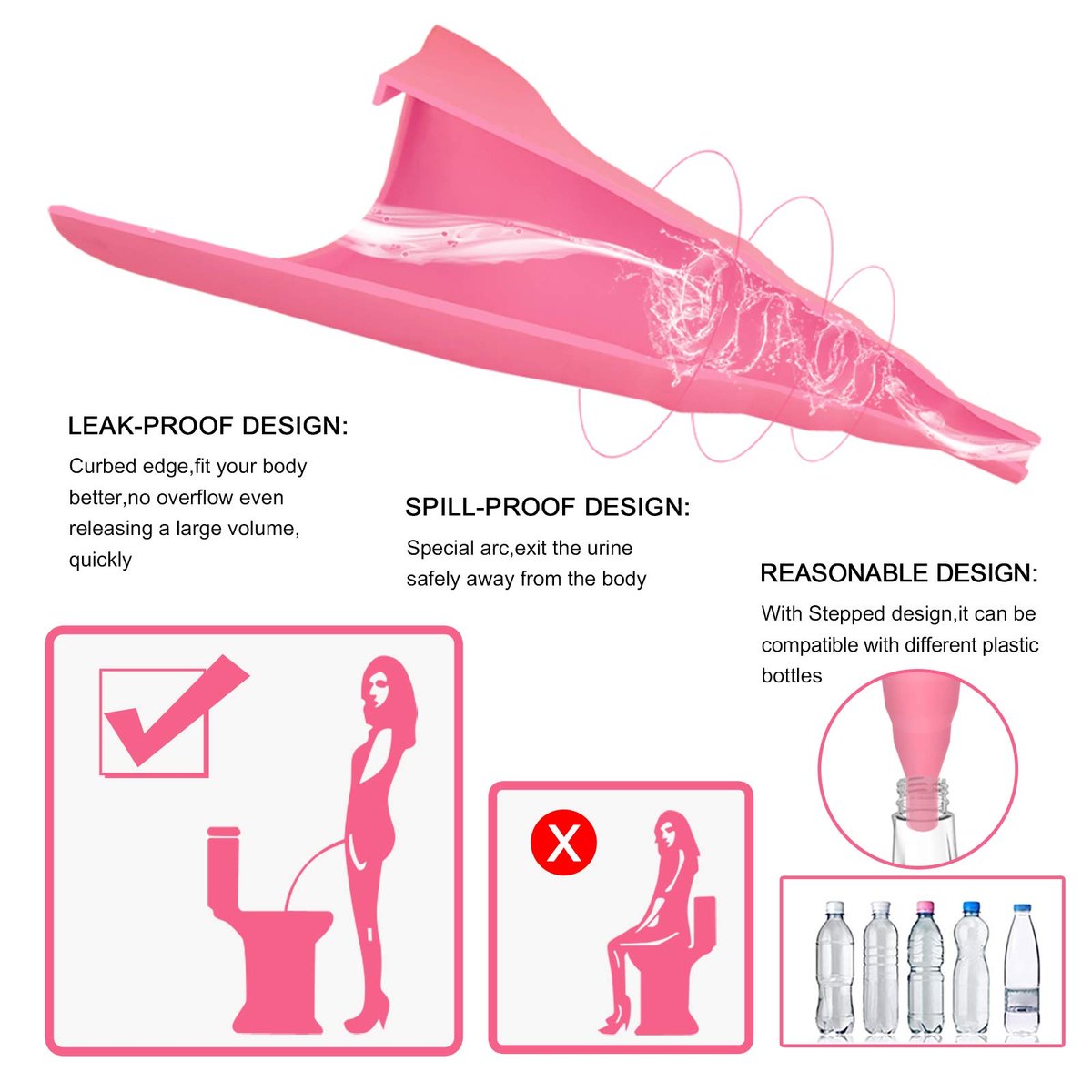 Sunany Urinal für Frauen, wiederverwendbarer Silikon-Pinkeltrichter – für sicheres Urinieren im Stehen, ideal für den Innenbereich (Pink)