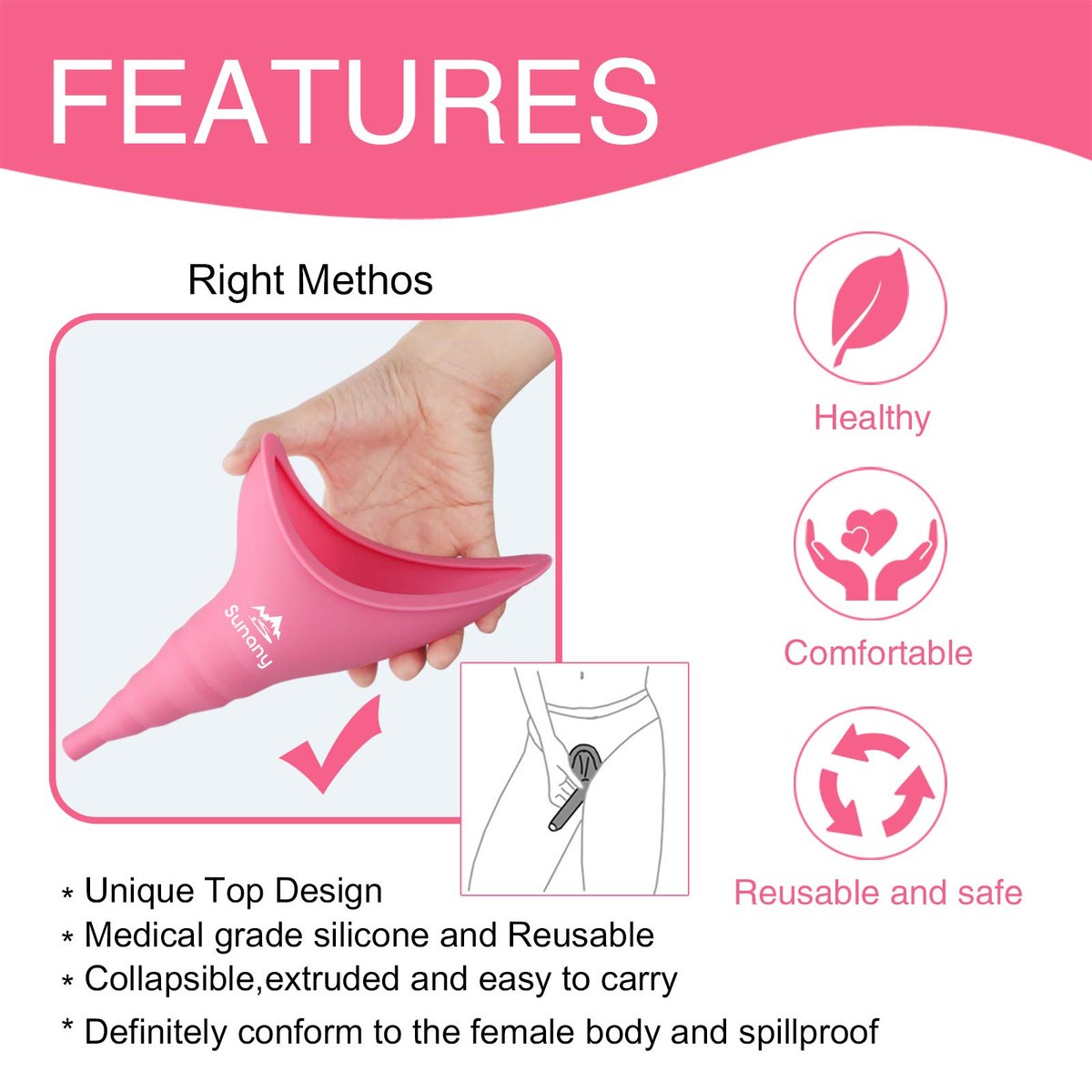 Sunany Urinal für Frauen, wiederverwendbarer Silikon-Pinkeltrichter – für sicheres Urinieren im Stehen, ideal für den Innenbereich (Pink)