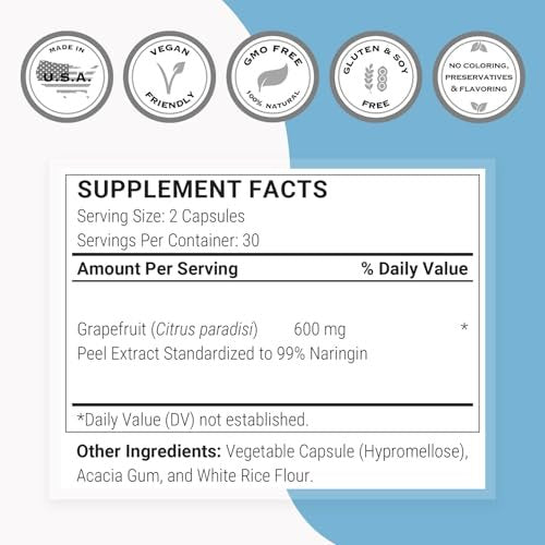 Supersmart Grapefruit Extrakt 600 mg pro Tag (99 % Naringin) - Hochdosiertes GSE Nahrungsergänzungsmittel | Non-GMO & Glutenfrei - 60 Vegane Kapseln
