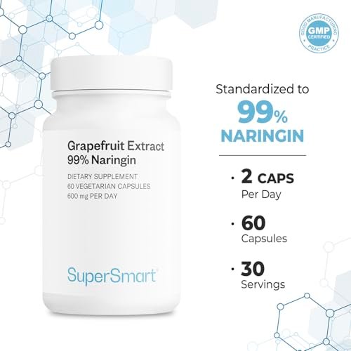 Supersmart Grapefruit Extrakt 600 mg pro Tag (99 % Naringin) - Hochdosiertes GSE Nahrungsergänzungsmittel | Non-GMO & Glutenfrei - 60 Vegane Kapseln