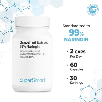 Supersmart Grapefruit Extrakt 600 mg pro Tag (99 % Naringin) - Hochdosiertes GSE Nahrungsergänzungsmittel | Non-GMO & Glutenfrei - 60 Vegane Kapseln