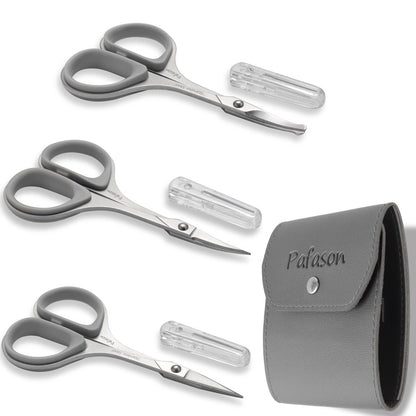 PAFASON Ultra Sharp Bartschenscheren Set – Hochpräzise gerade, gebogene und runde Spitzen für Bart, Schnurrbart, Gesichts- und Nasenhaar – Edelstahl, inklusive Sicherheitsetui und Premium-Ledertasche