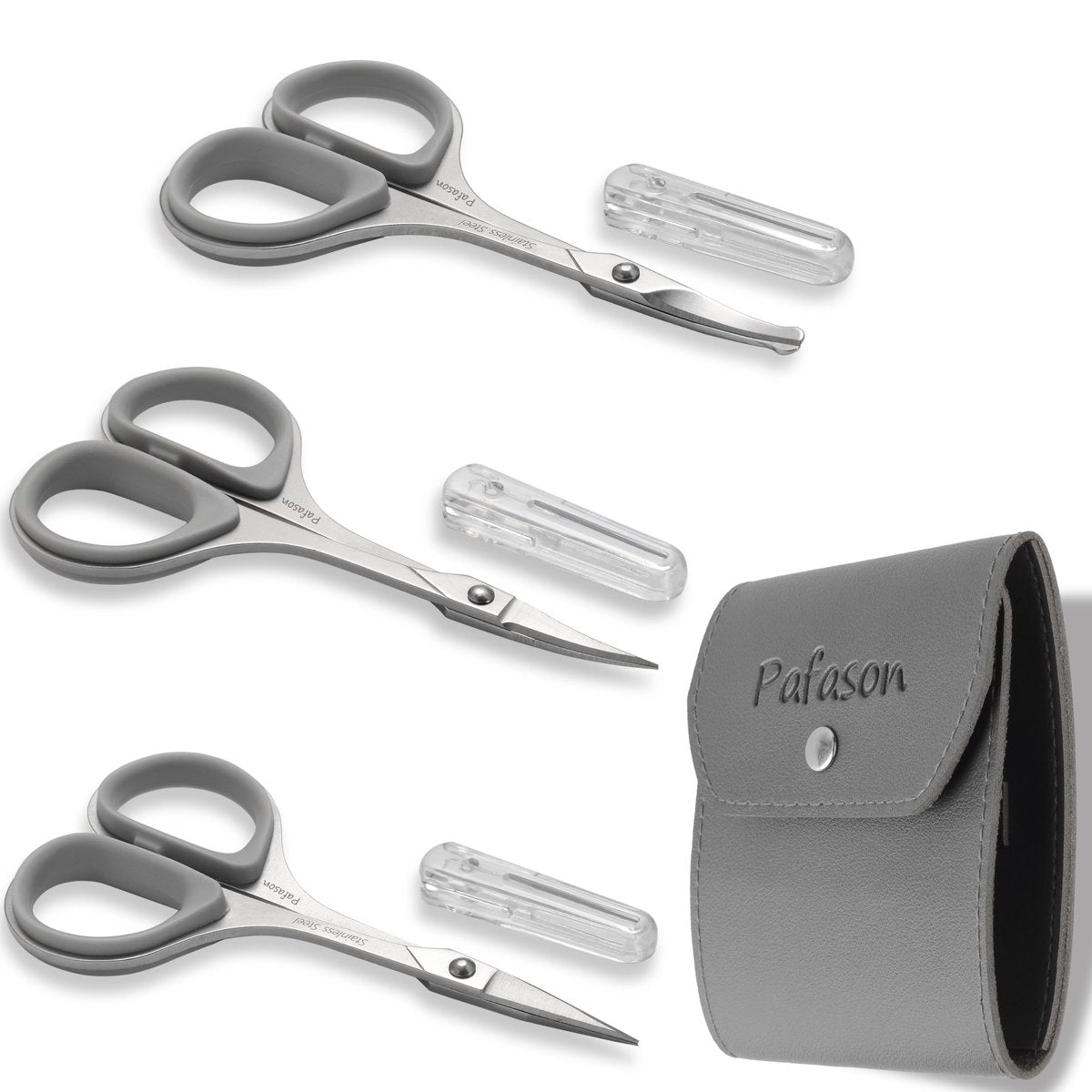 PAFASON Ultra Sharp Bartschenscheren Set – Hochpräzise gerade, gebogene und runde Spitzen für Bart, Schnurrbart, Gesichts- und Nasenhaar – Edelstahl, inklusive Sicherheitsetui und Premium-Ledertasche