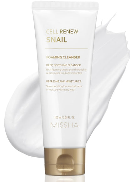 MISSHA Cell Renew Snail Foaming Cleanser 3,38 Fl Oz - Koreanische Gesichtsreinigung mit Schneckensekretfiltrat, Tiefenreinigung, Feuchtigkeitsboost, Hautelastizität, Cremige Textur, Feuchtigkeitssperre