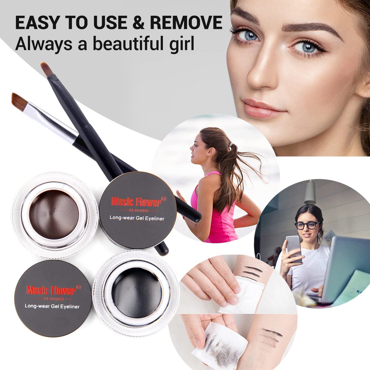 Music Flower Gel Eyeliner, Schwarz und Braun, wasserfest, lang anhaltend, wischfest, mit 2 Pinseln, einfach aufzutragen, 3 g, 2er-Pack