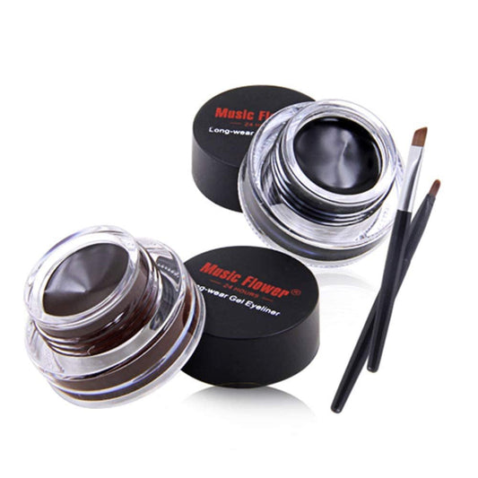 Music Flower Gel Eyeliner, Schwarz und Braun, wasserfest, lang anhaltend, wischfest, mit 2 Pinseln, einfach aufzutragen, 3 g, 2er-Pack