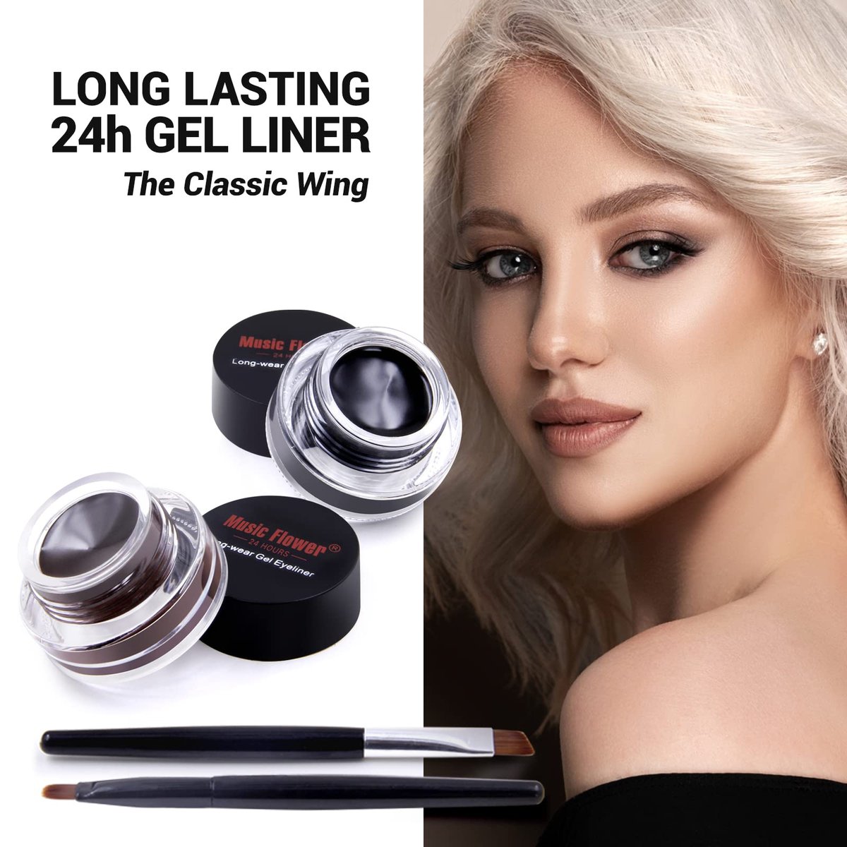 Music Flower Gel Eyeliner, Schwarz und Braun, wasserfest, lang anhaltend, wischfest, mit 2 Pinseln, einfach aufzutragen, 3 g, 2er-Pack