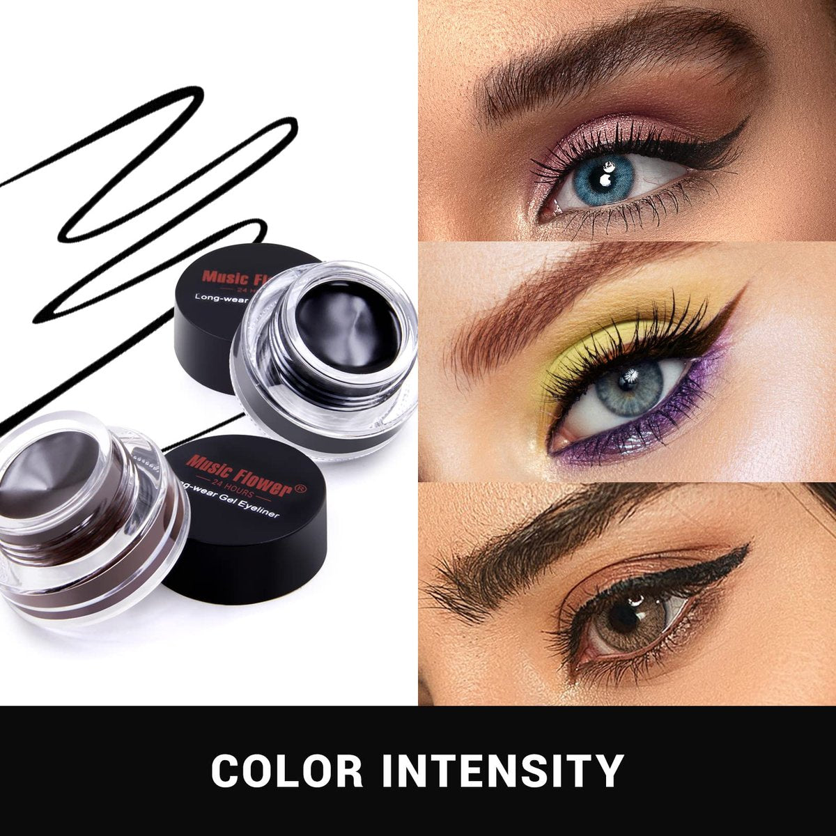 Music Flower Gel Eyeliner, Schwarz und Braun, wasserfest, lang anhaltend, wischfest, mit 2 Pinseln, einfach aufzutragen, 3 g, 2er-Pack