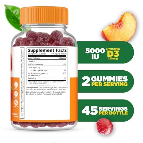 Vitamin-D-Gummis für Erwachsene | 5000 IE | Leckerer D3-Vitamin-Geschmack | Immununterstützung und gesunde Knochen | Vitamin-D-Ergänzung für Männer, Frauen | 90 Gummis | Lifeable