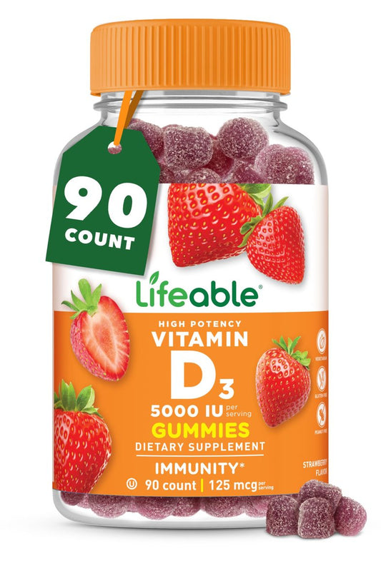 Vitamin-D-Gummis für Erwachsene | 5000 IE | Leckerer D3-Vitamin-Geschmack | Immununterstützung und gesunde Knochen | Vitamin-D-Ergänzung für Männer, Frauen | 90 Gummis | Lifeable