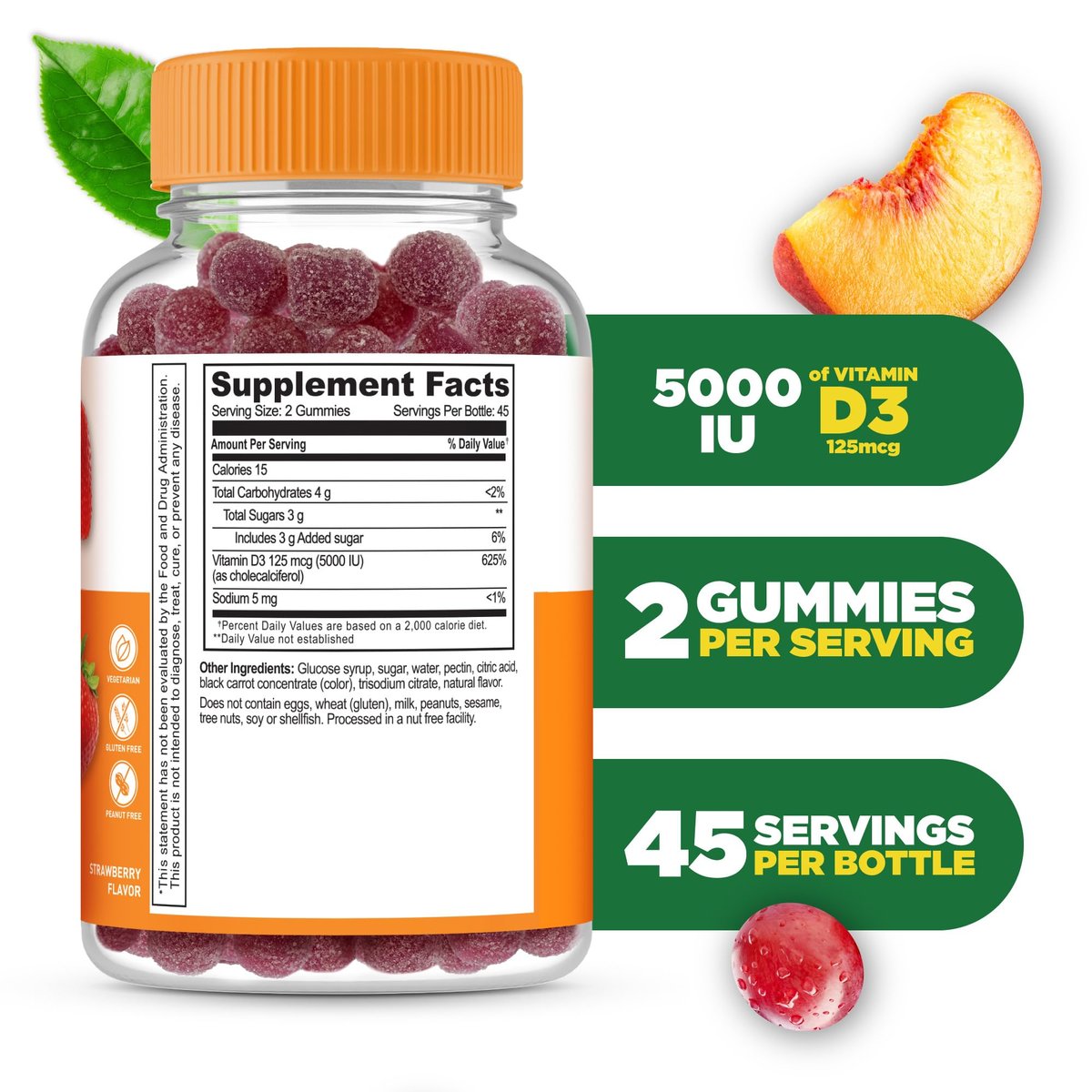 Vitamin-D-Gummis für Erwachsene | 5000 IE | Leckerer D3-Vitamin-Geschmack | Immununterstützung und gesunde Knochen | Vitamin-D-Ergänzung für Männer, Frauen | 90 Gummis | Lifeable