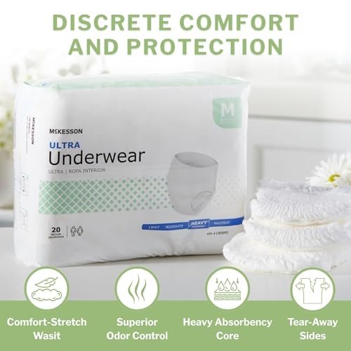 McKesson Ultra Erwachsenen-Inkontinenzunterwäsche, [20 Stück], Hohe Saugfähigkeit, Medium, 32-44 Zoll, Unisex Blasenschutz, Pull-On-Stil mit Reißseiten, Unterstützung nach der Geburt und bei Inkontinenz