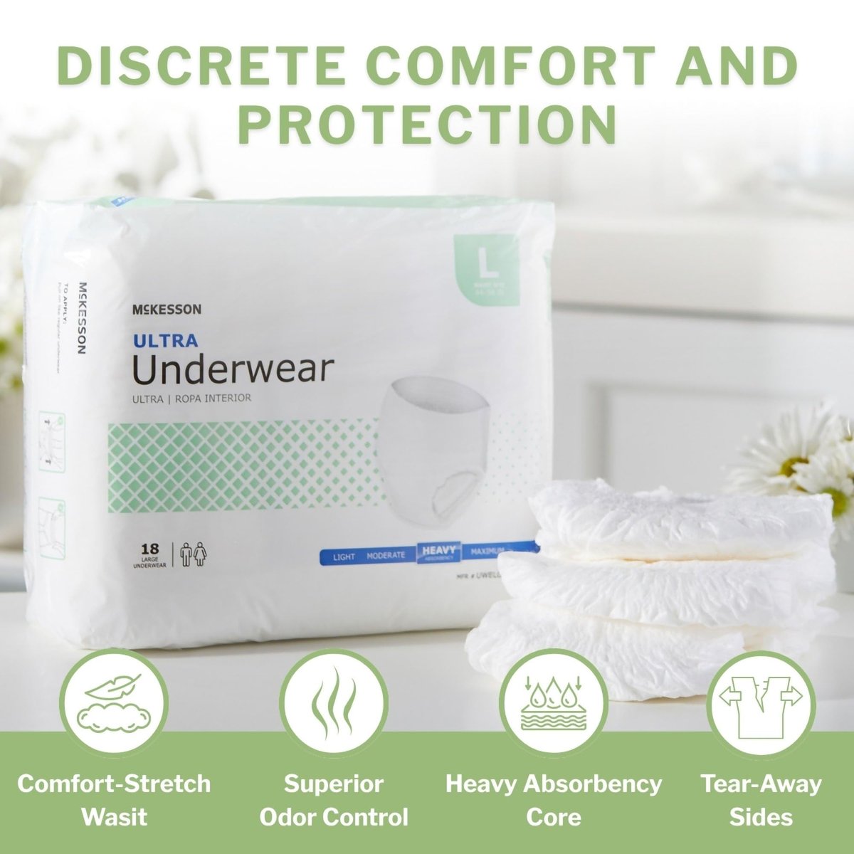 McKesson Ultra Erwachsenen-Inkontinenzunterwäsche, [18 Stück], Hohe Saugfähigkeit, Large, 44-58 Zoll, Unisex Blasenschutz, Hosenart mit Reißseiten, Unterstützung nach der Geburt und bei Inkontinenz