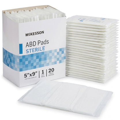 McKesson Sterile ABD-Pads | 20er-Pack, 12,7 x 22,9 cm | Extra saugfähig & dick, einzeln verpackte Wundauflage, Erste-Hilfe-Pads | Chirurgische Qualität, nicht haftend – bei starker Sekretion, postoperativ
