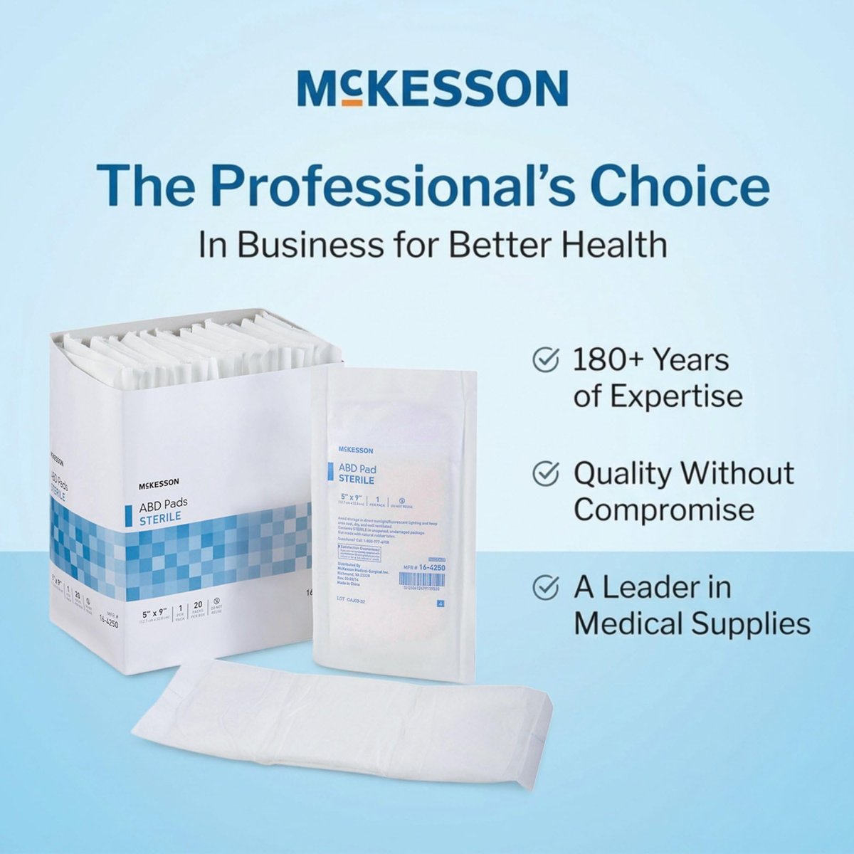 McKesson Sterile ABD-Pads | 20er-Pack, 12,7 x 22,9 cm | Extra saugfähig & dick, einzeln verpackte Wundauflage, Erste-Hilfe-Pads | Chirurgische Qualität, nicht haftend – bei starker Sekretion, postoperativ