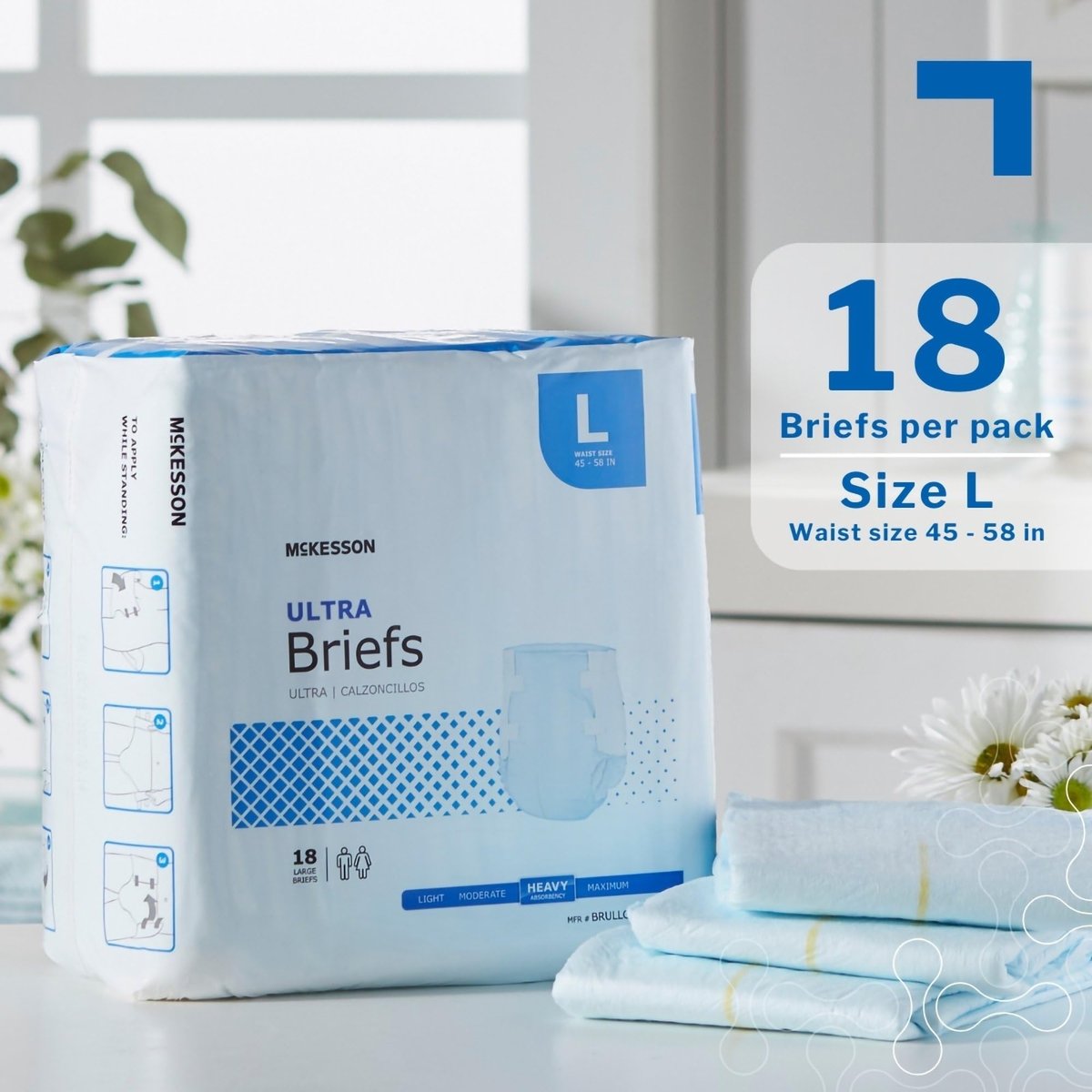 McKesson Ultra Briefs, Größe L, 45-58 Zoll, 18 Stück, Inkontinenz Erwachsenenhosen, Schwere Saugfähigkeit, Unisex, Einweg, Elastische Beinbündchen und konturierte Passform für Männer und Frauen