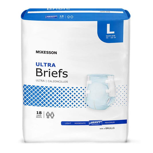 McKesson Ultra Briefs, Größe L, 45-58 Zoll, 18 Stück, Inkontinenz Erwachsenenhosen, Schwere Saugfähigkeit, Unisex, Einweg, Elastische Beinbündchen und konturierte Passform für Männer und Frauen