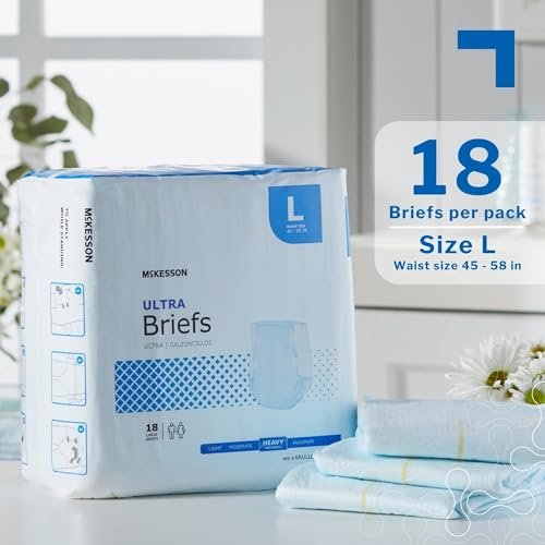 McKesson Ultra Briefs, Größe L, 45-58 Zoll, 18 Stück, Inkontinenz Erwachsenenhosen, Schwere Saugfähigkeit, Unisex, Einweg, Elastische Beinbündchen und konturierte Passform für Männer und Frauen