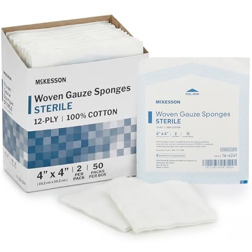 McKesson Sterile Mullkompressen 10x10 cm – 50 Stück (25 Beutel, 2 pro Beutel), 12-lagige 100% Baumwoll-Gazebinden, einzeln verpackt, hohe Saugfähigkeit für Wundversorgung, Verbände & Tamponade