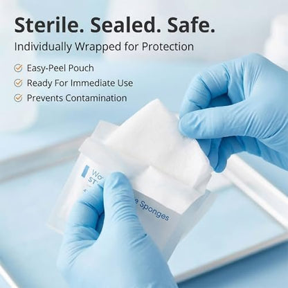 McKesson Sterile Mullkompressen 10x10 cm – 50 Stück (25 Beutel, 2 pro Beutel), 12-lagige 100% Baumwoll-Gazebinden, einzeln verpackt, hohe Saugfähigkeit für Wundversorgung, Verbände & Tamponade