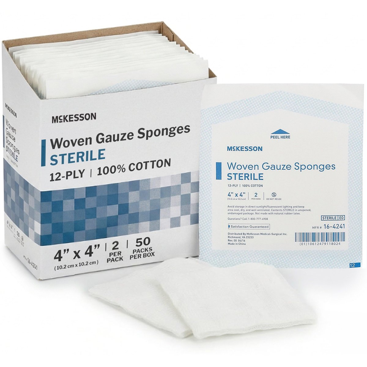 McKesson Sterile Mullkompressen 10x10 cm – 50 Stück (25 Beutel, 2 pro Beutel), 12-lagige 100% Baumwoll-Gazebinden, einzeln verpackt, hohe Saugfähigkeit für Wundversorgung, Verbände & Tamponade