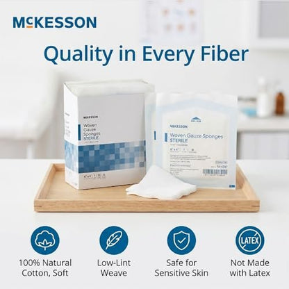McKesson Sterile Mullkompressen 10x10 cm – 50 Stück (25 Beutel, 2 pro Beutel), 12-lagige 100% Baumwoll-Gazebinden, einzeln verpackt, hohe Saugfähigkeit für Wundversorgung, Verbände & Tamponade