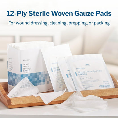 McKesson Sterile Mullkompressen 10x10 cm – 50 Stück (25 Beutel, 2 pro Beutel), 12-lagige 100% Baumwoll-Gazebinden, einzeln verpackt, hohe Saugfähigkeit für Wundversorgung, Verbände & Tamponade