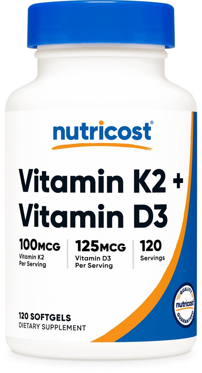 Nutricost Vitamin D3 + K2 (5000 IE D3 / 100mcg MK7), 120 Weichkapseln – Glutenfrei & Nicht-GVO