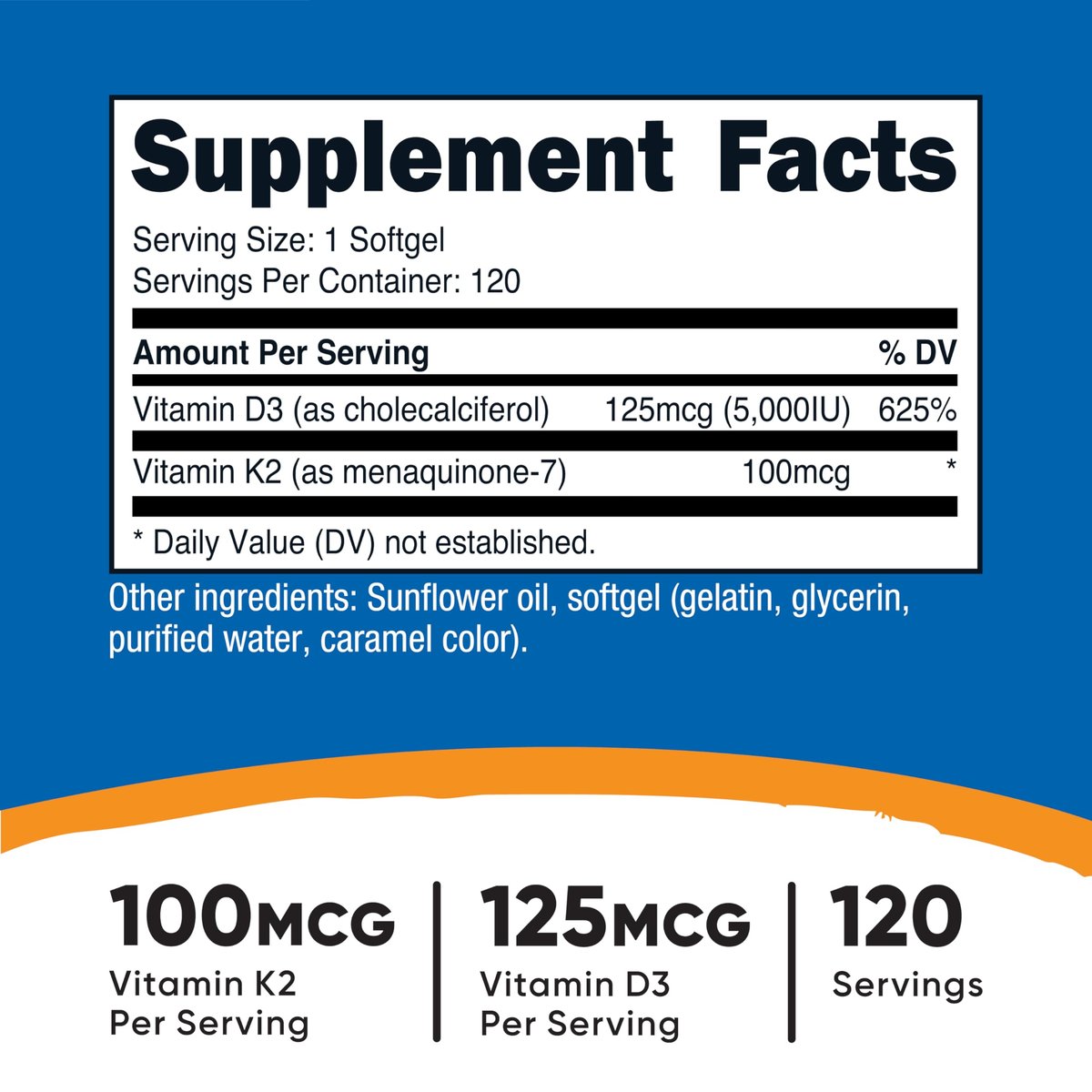 Nutricost Vitamin D3 + K2 (5000 IE D3 / 100mcg MK7), 120 Weichkapseln – Glutenfrei & Nicht-GVO