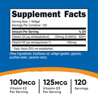 Nutricost Vitamin D3 + K2 (5000 IE D3 / 100mcg MK7), 120 Weichkapseln – Glutenfrei & Nicht-GVO
