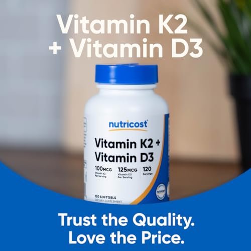 Nutricost Vitamin D3 + K2 (5000 IE D3 / 100mcg MK7), 120 Weichkapseln – Glutenfrei & Nicht-GVO