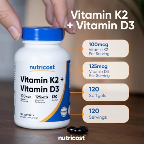 Nutricost Vitamin D3 + K2 (5000 IE D3 / 100mcg MK7), 120 Weichkapseln – Glutenfrei & Nicht-GVO