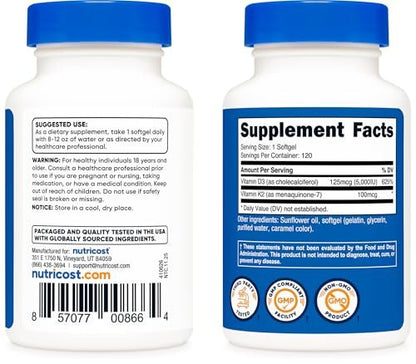 Nutricost Vitamin D3 + K2 (5000 IE D3 / 100mcg MK7), 120 Weichkapseln – Glutenfrei & Nicht-GVO
